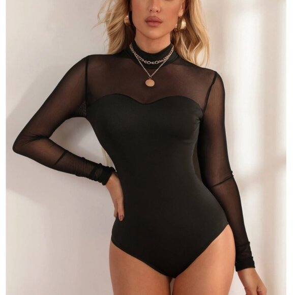 Black Long Sleeve Slim Fit Shirt Top Sheer Mesh Insert - Picture 1 of 8